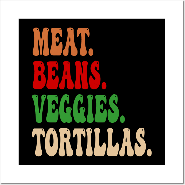 Meat. Beans. Veggies. Tortillas. Groovy burrito ingredients Wall Art by Rocky Ro Designs